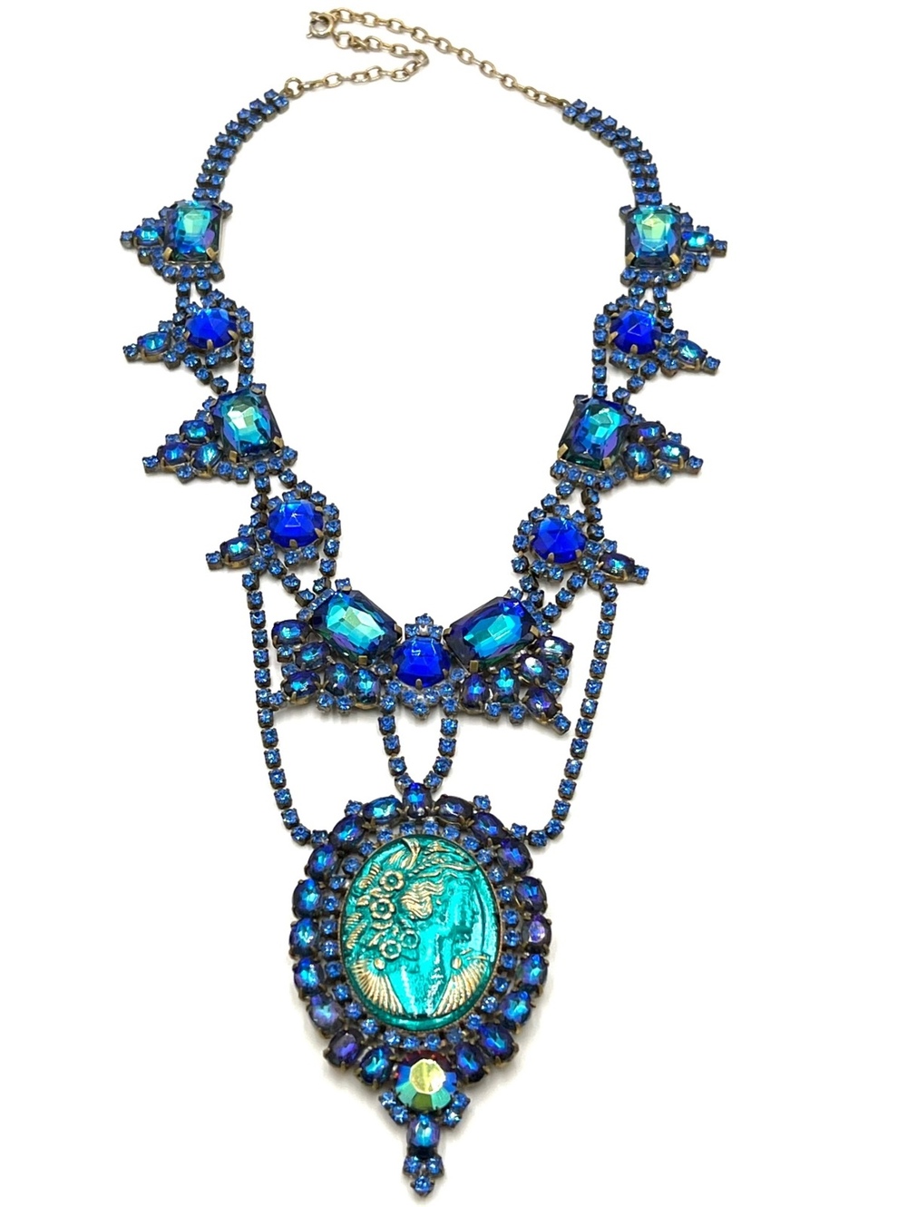 Vintage Bijoux MG Czech Blue Cameo Rhinestone Large Necklace